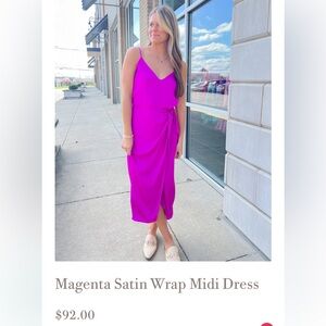 🆕 NWOT Boutique Magenta Satin Wrap Midi Dress